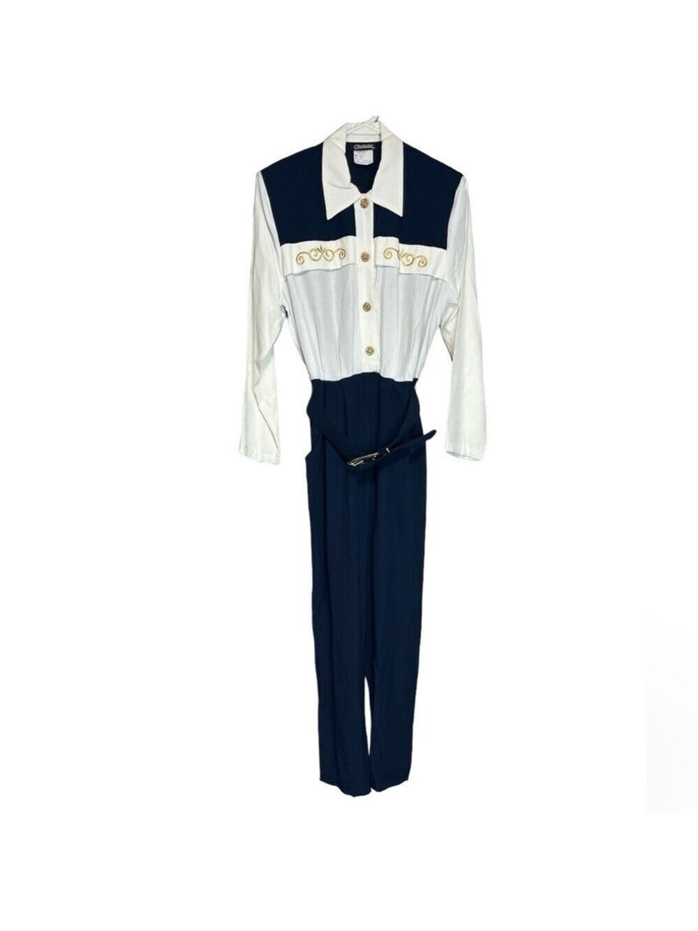 Vintage 80’s Clockwise Navy, White & Gold Long Sleeve Belted Junpsuit, size 4